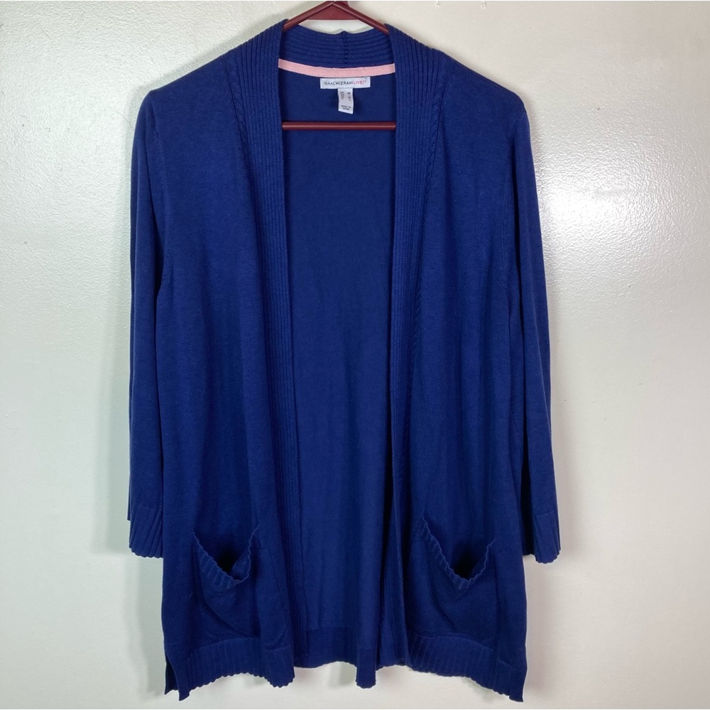 Isaac Mizrahi Live 3/4 Slv Sweater Cardigan, Cotton/Rayon, Open, Navy, M